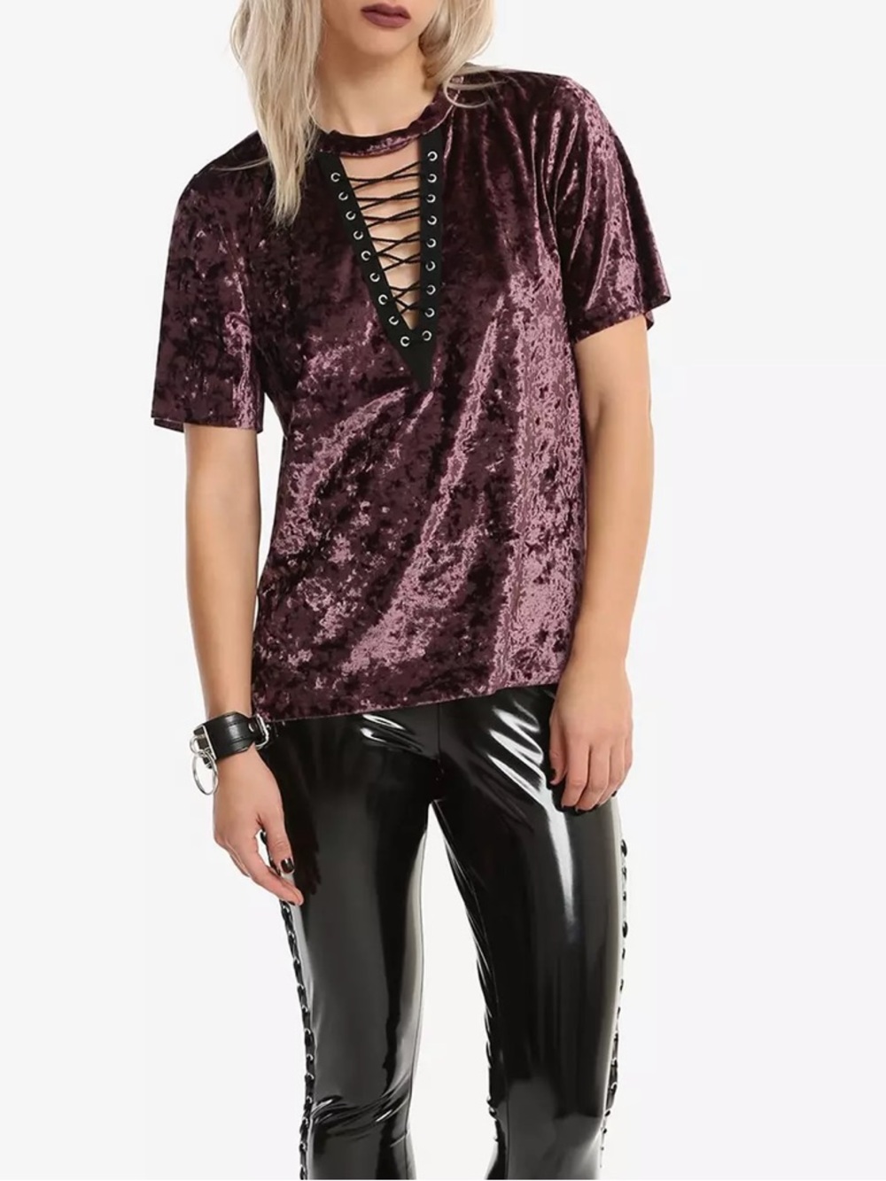 Hot Topic Purple Velvet Laceup Tee Shirt Size Medium